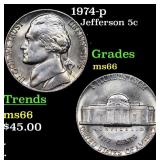 1974-p Jefferson Nickel 5c Grades GEM+ Unc