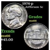 1974-p Jefferson Nickel 5c Grades GEM+ Unc