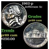 1962-p Proof Jefferson Nickel 5c Grades GEM++ Proo