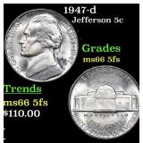 1947-d Jefferson Nickel 5c Grades GEM+ 5fs