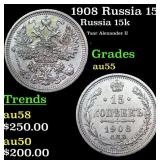 1908 Russia 15 Kopeks Silver Y# 21a.2 Grades Choic