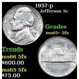 1957-p Jefferson Nickel 5c Grades GEM+ 5fs
