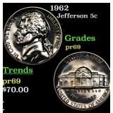 1962 Proof Jefferson Nickel 5c Grades GEM++ Proof