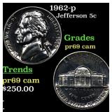 1962-p Proof Jefferson Nickel 5c Grades GEM++ Proo