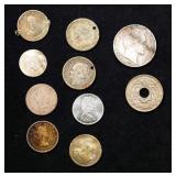 Group of 10 Coins/Tokens, 2x Canada 10c, 2x 1/4 Gu