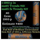 BU Shotgun Jefferson 5c roll, 1992-p 40 pcs Bank $