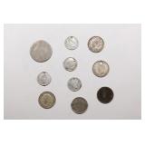 Group of 10 Coins, 4x 1/4 Bolivar, Sixpence, 1/4 G