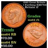 1942 Great Britain 1 Farthing KM#?843 Grades Choic