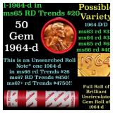 BU Shotgun Lincoln 1c roll, 1964-d 50 pcs Dunbar W