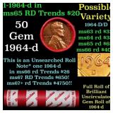 BU Shotgun Lincoln 1c roll, 1964-d 50 pcs Dunbar W