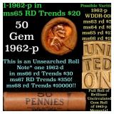 BU Shotgun Lincoln 1c roll, 1962-p 50 pcs Bank Wra