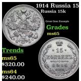 1914 Russia 15 Kopeks Silver Grades GEM Unc