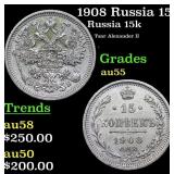 1908 Russia 15 Kopeks Silver Y# 21a.2 Grades Choic