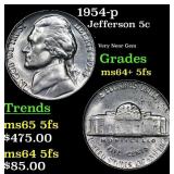 1954-p Jefferson Nickel 5c Grades Choice Unc+ 5fs