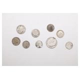 Group of 10 Coins, 3x 1/4 Bolivar, 3x Threepence,