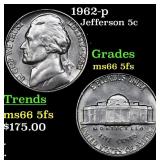 1962-p Jefferson Nickel 5c Grades GEM+ 5fs