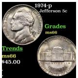 1974-p Jefferson Nickel 5c Grades GEM+ Unc