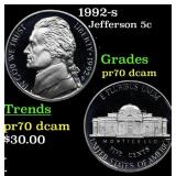1992-s Proof Jefferson Nickel 5c pr70 dcam SEGS
