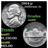1964-p Jefferson Nickel 5c Grades GEM++ Unc