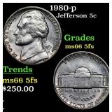 1980-p Jefferson Nickel 5c Grades GEM+ 5fs