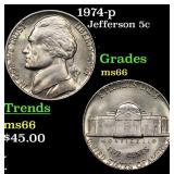 1974-p Jefferson Nickel 5c Grades GEM+ Unc