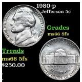 1980-p Jefferson Nickel 5c Grades GEM+ 5fs
