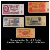 Denomination Set of 5 Soviet Russian Notes - 1, 3,