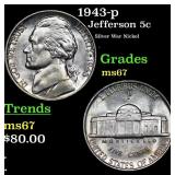 1943-p Jefferson Nickel 5c Grades GEM++ Unc