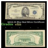 1953A $5 Blue Seal Silver Certificate Grades vf+