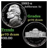 1992-s Proof Jefferson Nickel 5c pr70 dcam SEGS