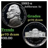 1992-s Proof Jefferson Nickel 5c pr70 dcam SEGS