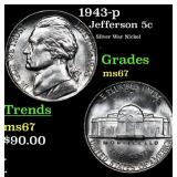 1943-p Jefferson Nickel 5c Grades GEM++ Unc