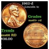 1962-d Lincoln Cent 1c Grades Gem+ Unc RD