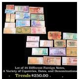 Lot of 25 Different Foreign Notes, A Variety of Co