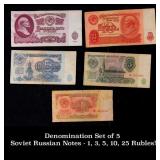 Denomination Set of 5 Soviet Russian Notes - 1, 3,