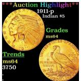 1911-p Gold Indian Half Eagle $5 Choice Unc USCG