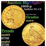 1909-p Gold Indian Quarter Eagle $2 1/2 ms64+ SEGS
