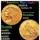 1910-d Gold Indian Half Eagle $5 GEM Unc USCG