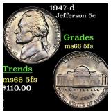 1947-d Jefferson Nickel 5c Grades GEM+ 5fs