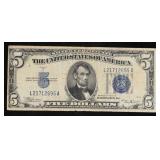 1934B $5 Blue Seal Silver Certificate Grades vf+
