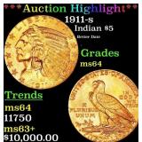 1911-s Gold Indian Half Eagle $5 Choice Unc USCG