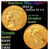1911-p Gold Indian Quarter Eagle $2 1/2 ms64+ SEGS