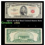 1953A $5 Red Seal United States Note Grades vf++
