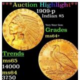 1909-p Gold Indian Half Eagle $5 Choice+ Unc USCG