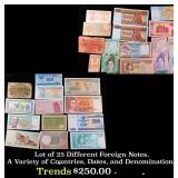 Lot of 25 Different Foreign Notes, A Variety of Co