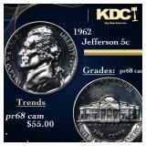 1962 Proof Jefferson Nickel 5c Grades GEM++ Proof