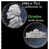 1981-s Ty1 Proof Jefferson Nickel 5c Grades GEM++