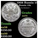 1908 Russia 15 Kopeks Silver Y# 21a.2 Grades Choic