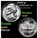 1943-p Jefferson Nickel 5c Grades GEM++ Unc