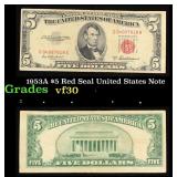 1953A $5 Red Seal United States Note Grades vf++